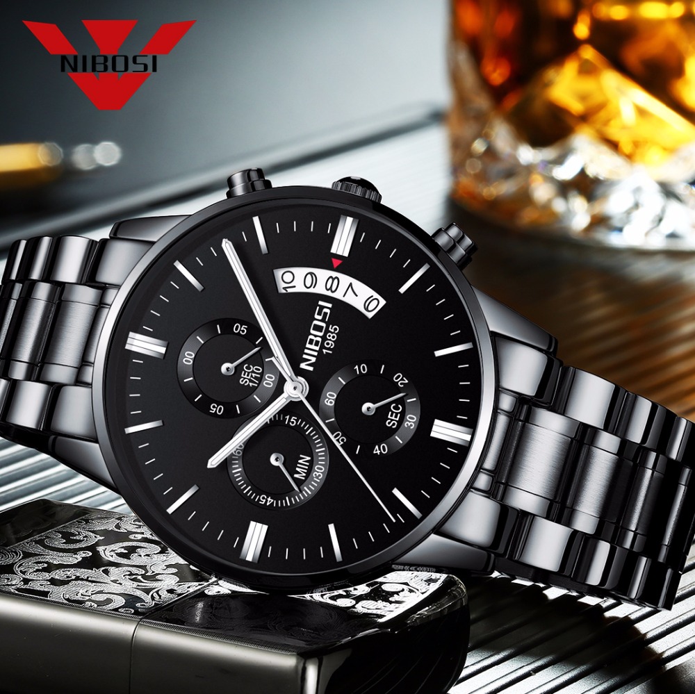 Luxury Watch Top 10 - NIBOSI Edelstahl Schwarz Quarzuhr Herren Uhren