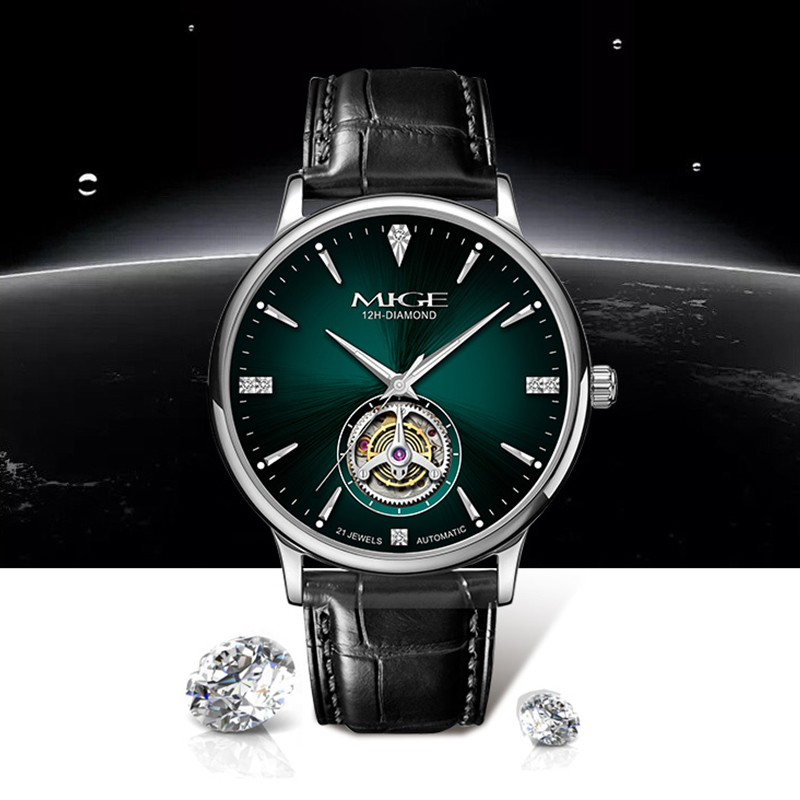 Luxury Watch Green Dial - MIGE Thin Mens Open Heart Automatikuhr,