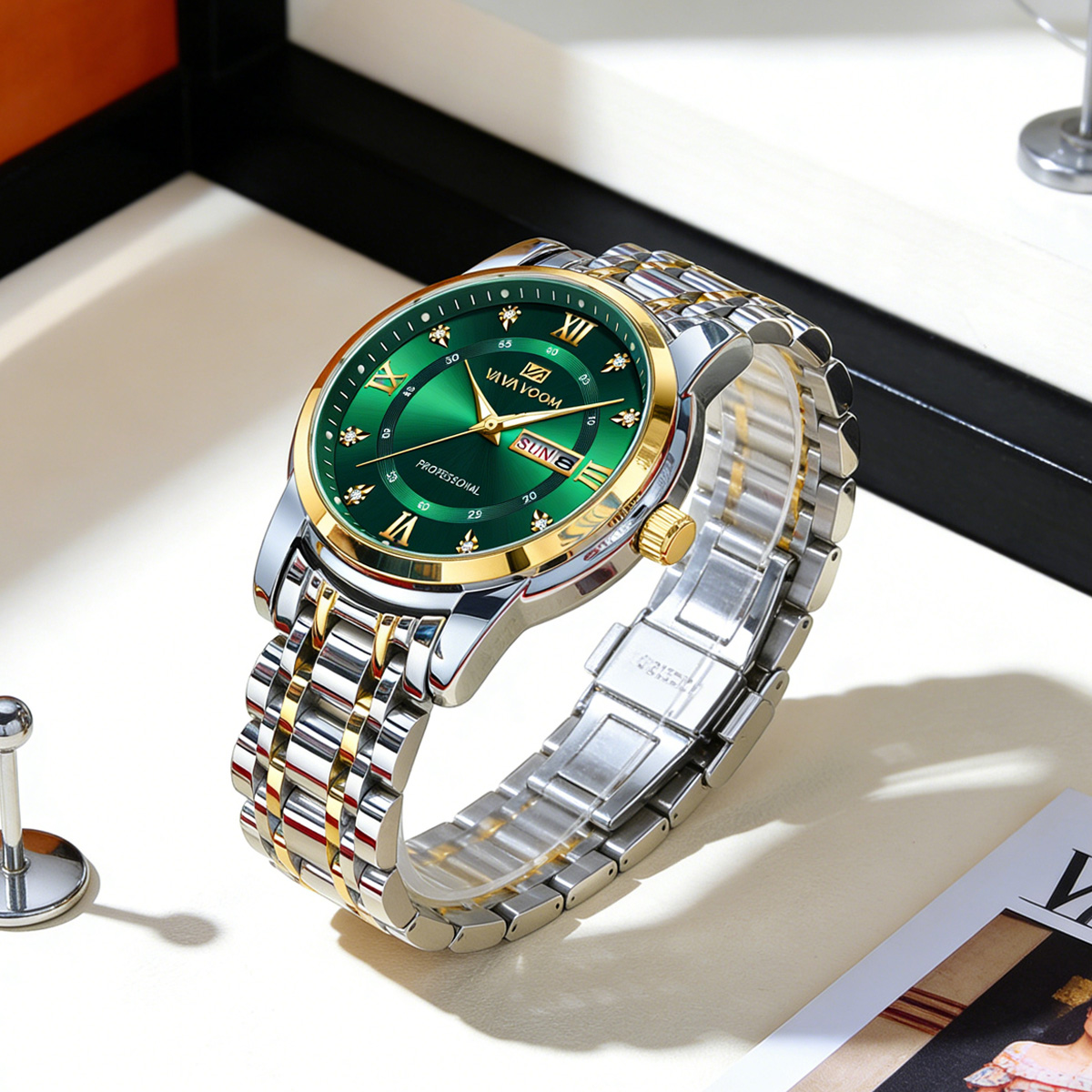 Luxuriöse Strass-Goldring-Edel – Luxury Watch Green Dial Bewertung und Preis